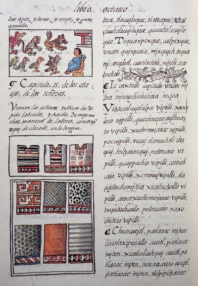 Huipil, espanjalaisen lähetyssaarnaajan Fray Bernardino de Sahagunin naisten vaate, jota aateliset käyttävät kirjailtuineen puseroineen, Firenzen Codexin kirja VIII, Uuden Espanjan yleinen historia. Atsteekkien sivilisaatio tekijältä William M. Timlin