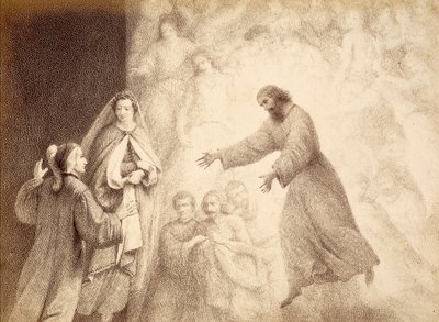 Marsin sfäärissä Dante tapaa esi-isänsä Cacciaguidan hengen. Kuvitus Dante Alighierin Jumalaisen komedian Paradiso-kappaleen XV laulusta. Franceso Scaramuzzan Firenzen kunnalle omistama teos. tekijältä Unbekannter Künstler