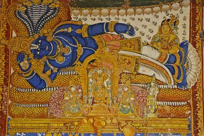 Intia, Tamil Nadu, Srirangam, Sri Ranganathasvami Hindu Temple (alkuperäinen 10. vuosisadalla), seinämaalaus Vishnusta. tekijältä Unbekannt