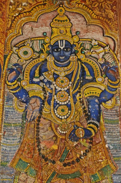 Intia, Tamil Nadu, Srirangam, Sri Ranganathasvami Hindu Temple (alkuperäinen 10. vuosisadalla), seinämaalaus Vishnusta. tekijältä Unbekannt