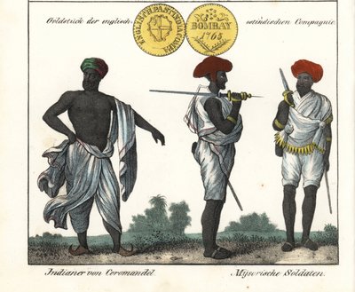 Intian puvut: mies Coromandelin rannikolta ja kaksi sotilasta Mysoresta (tai Maissourista). Mukana Itä-Intian komppanian kultakolikko. Kirjan litografia: "Galerie complete en tableaux fideles des peuples d
