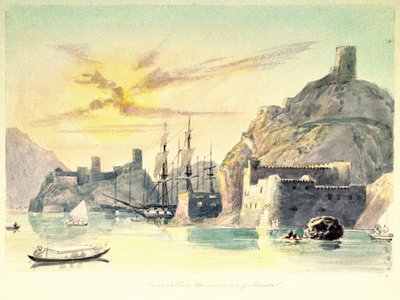Muscatin (Oman) sataman sisäkuva, jossa on kuvaus linnoitetuista rakennuksista ja kiinnitetyistä aluksista. Everstiluutnantti Paint Charles Hamilton Smith (1776-1859). tekijältä Unbekannter Künstler