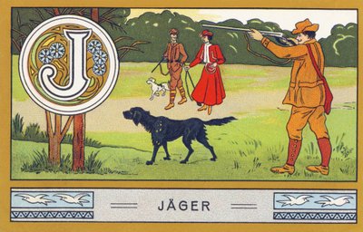 J: Hunter - Alphabet Palmine. Kromolitografioiden sarja, toimittajina H. Schlinck & Cie, Hamburg, s. d. . Mainos Palminin hienoimmasta kookosöljystä. Mitat: 7 x 11 cm tekijältä Unbekannter Künstler