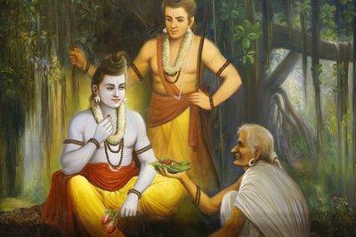 Jalaram Prathanna hindutemppeli, Leicester. Fresko. Ram Meeting Shabari Ho tarjoaa ruokaa Ramkendralle. Yhdistynyt kuningaskunta tekijältä Unbekannt