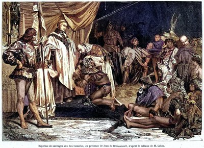Jean de Bethencourt, Normanin herrasmies, Baron de Saint Martin le Gaillard, valloitti ja kristillistyi Kanariansaaret tammikuussa 1405 Sur terre et sur mer -lehden n:o 28, 8. tammikuuta. tekijältä Unbekannter Künstler