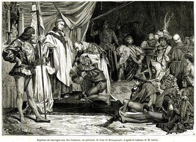 Jean de Bethencourt, Normanin herrasmies, Baron de Saint Martin le Gaillard, valloitti ja kristillistyi Kanariansaaret tammikuussa 1405 Sur terre et sur mer -lehden n:o 28, 8. tammikuuta. tekijältä Unbekannter Künstler