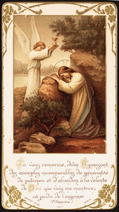 Jeesus polvistui rukoukseen Getsemanen puutarhassa, enkeli esittelee hänelle maljan. 1900-luvun alku (postikortti) tekijältä Unbekannter Künstler