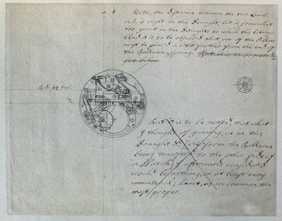 John Harrisonin suunnittelu "pienemmälle kellolle", jonka hän mainitsi pituusastelautakunnalle 19. kesäkuuta 1755 John Harrisonin (1693-1776) ja hänen poikansa Williamin (n. 1726-72) kokoamien mekaanisten muistiinpanojen ja piirustusten perusteella (kynä j tekijältä Unbekannt