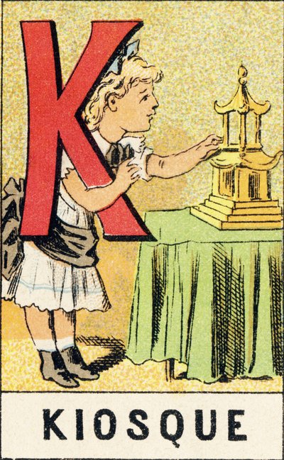 K: Kioski - ABCD:ltä otettu kaiverrus pikkutytöistä. Pellerin & Cie, kirjapaino-kustantaja, Epinal, noin 1890. Serie A. Mitat: 19 x 13,5 cm. tekijältä Unbekannt