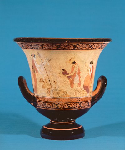 Kalyx-kraatteri, joka esittää Hermesin synnyttämässä Dionysoksen vauvaa nymphille, etruski, n. 460 eKr. (terrakotta) tekijältä Unbekannt