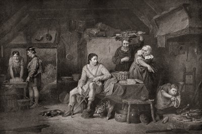 Kuningas Alfred Neatherdin mökissä. Alfred Suuri, noin 848-899. Wessexin kuningas .Taru kertoo, että kun Alfred pakeni Somersetin tasangoille, hän sai turvapaikan talonpoikaisnaiselta, joka ei tiennyt Alfredin henkilöllisyyttä ja jätti hänet katselemaan ka tekijältä Unbekannter Künstler