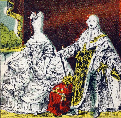 Ranskan kuningas Ludvig XVI ja kuningatar Marie Antoinette. Kaiverrus kirjassa "Histoire de France". Mainoskuvasarja, joka on julkaistu Louit