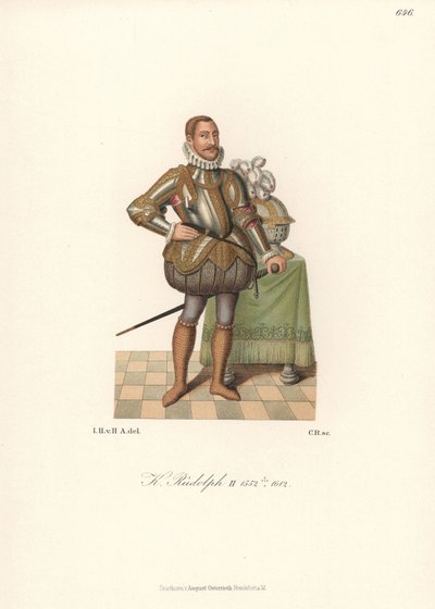 Kuningas Rudolf II, Pyhän Rooman keisari, Böömin kuningas, Itävallan arkkiherttua (1552-1612). Pitsikielekkeessä, kullalla koristellussa levyhaarniskassa, viilletyissä pehmustetuissa letkuissa ja ketjupanssarisukissa. Kromolitografia Hefner-Alteneckin teok tekijältä Unbekannter Künstler