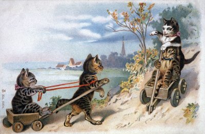 Kissanpentuja reessä, 1900-luvun alussa (postikortti) tekijältä Unbekannter Künstler