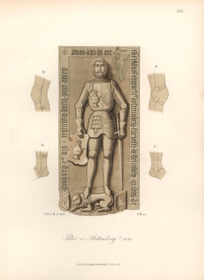 Ritarin haarniskat 1400-luvulla, polvien ja kyynärpäiden sidosten yksityiskohdat - Peter von Stettenbergin hautakivi, kuollut 1441 - Kromolitografia, Jakob Heinrich von Hefner-Alteneckin (1811-1903) piirustus kirjaansa "Puvut, käsityöt ja instrumentit" var tekijältä Unbekannter Künstler