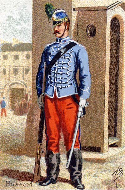 L: Hussard. Kaiverrus "Military Alphabet" -kirjaimella. Kuvittajan nimikirjaimet: A. D. Tuntematon kustantaja. Kromolitografiat 1800-luvun lopulla. Mitat: 10,5 x 7 cm. tekijältä Unbekannt