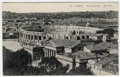 Languedoc Roussillon, Gard (30), Nimes: yleinen näkymä kaupunkiin areenien ja Maison Carreen kanssa - Postikortti 1800-luvun lopulla - 1900-luvulla tekijältä William M. Timlin