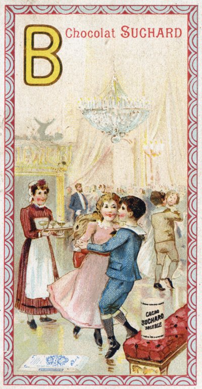 B-kirjain: tanssiaiset, parveke, juomat, kynttilät, piika, penkki. Chocolat Suchardin toimittama aakkosten kaiverrus, 1900-luvun alku. 24 kromolitografiaa, jotka edustavat kuvasta löydettäviä paikkoja, hahmoja ja esineitä. Mitat: 105x55mm tekijältä Unbekannt