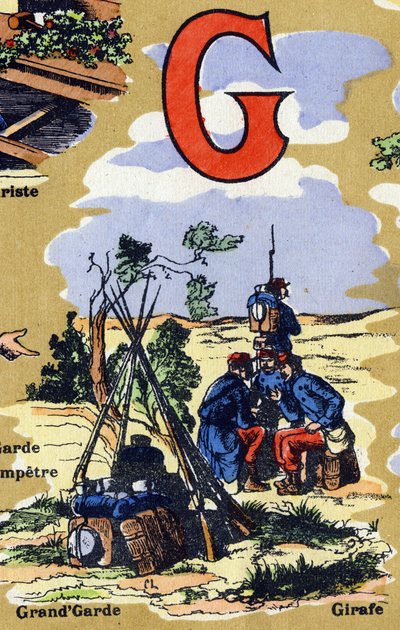 G-kirjain armeijan suurena vartijana. Iphabet havainnollistaa. Kuvat yhdistyivät Jarville-Nancyssa 1900-luvun alussa. Mitat: 40 x 29 cm. Litografia bistre-taustalla tekijältä Unbekannt