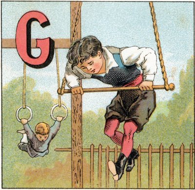 G-kirjain voimistelulle. Kaiverrus "Alphabet des petits ecoliers". Epinalin kuva, noin 1885. Privee Collection tekijältä Unbekannt