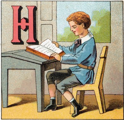 Kirjain H Ranskan historiana. Kaiverrus "Alphabet des petits ecoliers". Epinalin kuva, noin 1885. Privee Collection tekijältä Unbekannt