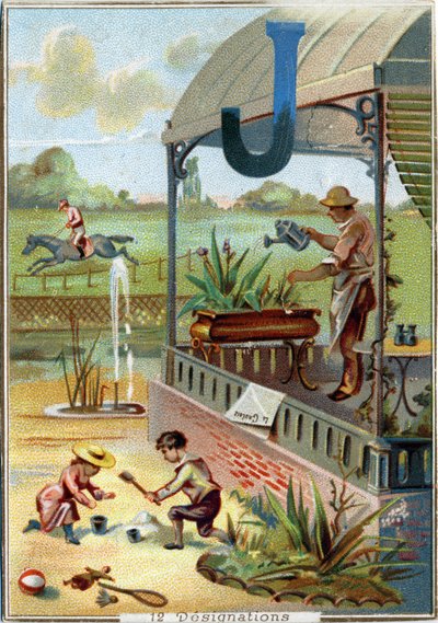 J-kirjain: puutarha; peli; lelut; kuski; puutarhuri; puutarhuri; kiikarit; suihkukone; sanomalehti. Aakkoset. Jokaisessa kuvassa on useita maineikkaita sanoja, joiden esitykset on lavastettu. Pariisin litografian kromolitografiat, noin 1890. Mitat: 10,7x7, tekijältä Unbekannt