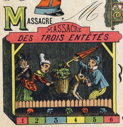 Kirjain M. Kaiverrus "ABC Toys". Epinaalinen kuvantaminen kromolitografiassa, noin 1890. Pieni 8-sivuinen vihko. Mitat: 195x135mm, tarkoitettu mainoksen vastaanottamiseen 4. kannessa. Kotikäyttöön, se tarjoaa maineikkaan abeceedaryn ja pienen lukutavan. tekijältä Unbekannt