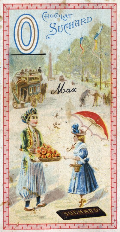 O-kirjain: omnibus, ottomaanit, sateenvarjo, oriflame, oranssi, obeliski, karhu. Chocolat Suchardin toimittama aakkosten kaiverrus, 1900-luvun alku. 24 kromolitografiaa, jotka edustavat kuvasta löydettäviä paikkoja, hahmoja ja esineitä. Di tekijältä Unbekannt