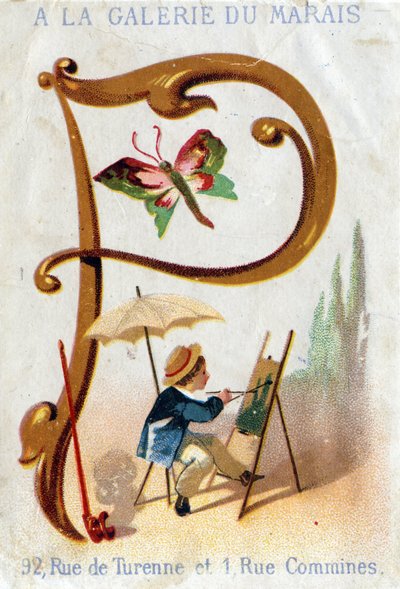 P-kirjain: maalari, perhonen, päivänvarjo, piippu. Alphabet Art Nouveau: 25 mainoskromolitografian sarja. Alfred Clareyn litografia, 1800-luvun loppu. Mitat 115x75mm tekijältä Unbekannter Künstler