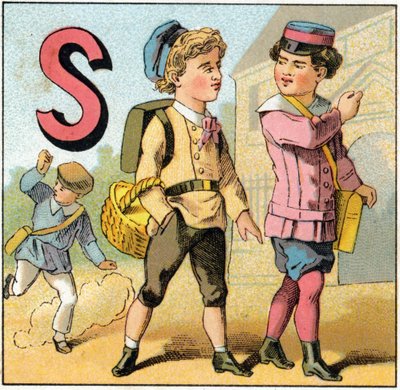 S-kirjain koulun lähdönä. Kaiverrus "Alphabet des petits ecoliers". Epinalin kuva, noin 1885. Privee Collection tekijältä Unbekannt