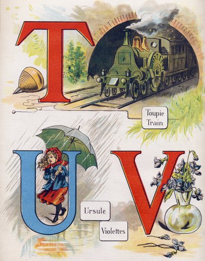 Kirjain T, U ja V: toppi, juna, ursula ja violetti. Kaiverrus "ABC L