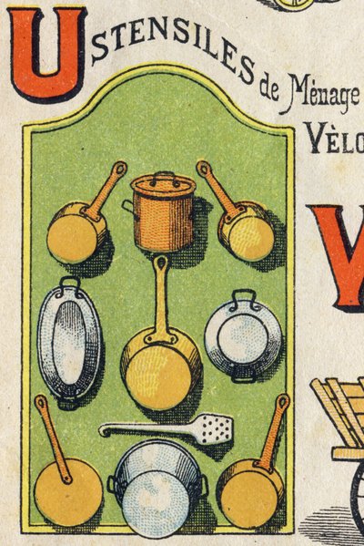 Kirjain U. Cocote, liesi, orava, kattila... Kaiverrus "ABC Toys". Epinaalinen kuvantaminen kromolitografiassa, noin 1890. Pieni 8-sivuinen vihko. Mitat: 195x135mm, tarkoitettu mainoksen vastaanottamiseen 4. kannessa. Käytä kotona, se tarjoaa maineikkaan ab tekijältä Unbekannt