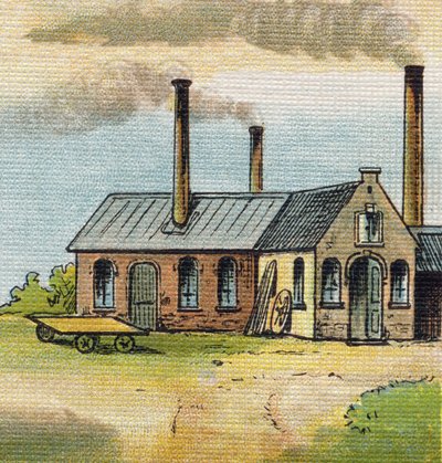 U-kirjain: tehdas. Kaiverrus "Alphabet de ma petite fille". Bernardin-Bechet ja Fils, kirjakauppias-kustantajat, Pariisi, noin 1895. Rikkoutumaton albumi kankaalle. Bibliotheque des Bebes. 12 sivua. Albumi, joka sisältää lukumenetelmän ja havainnollisen ab tekijältä Unbekannt