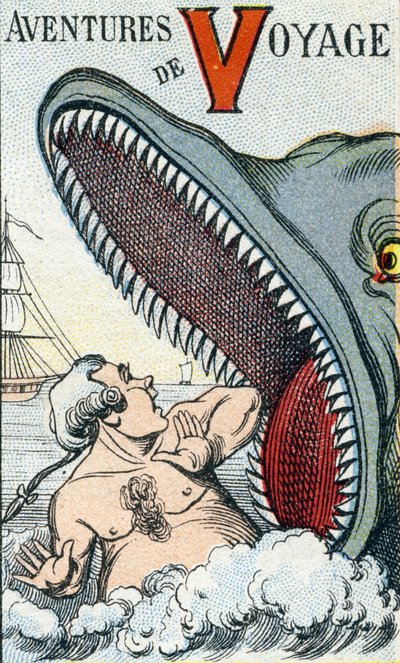 V-kirjain: Matkaseikkailut. Kaiverrus "ABC Les Images en Alphabetissa". Epinaalinen kuvantaminen. Pellerin ja Cie, kirjapainokustantaja, Epinal, 1800-luvun loppu, noin 1890. 10 sivua. Mitat: 19,5 x 13,5 cm tekijältä Unbekannt