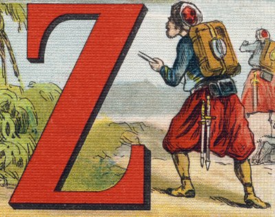 Kirjain Z: Zouave. Kaiverrus "Alphabet de ma petite fille". Bernardin-Bechet ja Fils, kirjakauppias-kustantajat, Pariisi, noin 1895. Rikkoutumaton albumi kankaalle. Bibliotheque des Bebes. 12 sivua. Albumi, joka sisältää lukumenetelmän ja havainnollisen ab tekijältä Unbekannt
