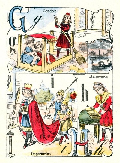 Kirjaimet G, I ja H. Lapset soittamassa gondolia, imperatriisia ja huuliharppua. Kaiverrus "Hauskat aakkoset". Kuvaus Pont-a-Moussonista. Painatus ja kustantaminen Louis Vagne, 1800-luvun loppu tekijältä Unbekannt