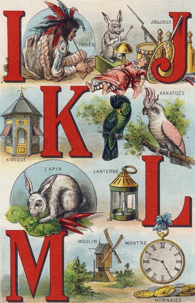 Kirjaimet I J K L; Intialainen; Lelut; Kakatoes; Kioski; Lyhty; Kani; Katso Kolikot; mylly. Kaiverrus "Tyttärentyttäreni aakkosissa". Bernardin-Bechet ja Fils, kirjakauppias-kustantajat, Pariisi, noin 1895. Rikkoutumaton albumi kankaalle. Vauvan kirjasto.  tekijältä Unbekannt
