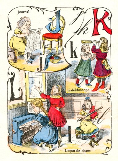 Kirjaimet J K ja L päiväkirjana, kaleidoskooppina ja laululekonina. Kaiverrus "Hauskat aakkoset". Kuvaus Pont-a-Moussonista. Painatus ja kustantaminen Louis Vagne, 1800-luvun loppu tekijältä Unbekannt