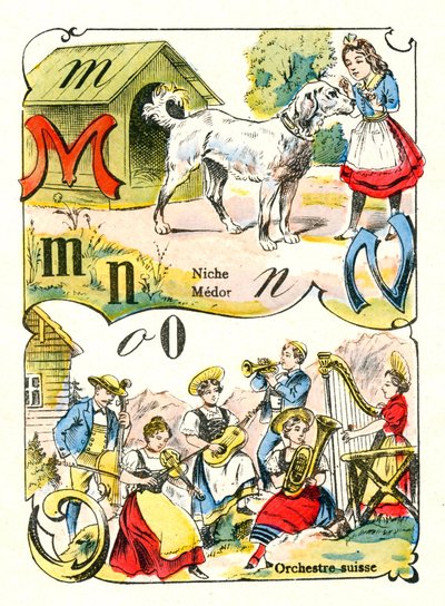 Letters M N ja O kuten Medor, Niche ja Swiss Orchestra. Kaiverrus "Hauskat aakkoset". Kuvaus Pont-a-Moussonista. Painatus ja kustantaminen Louis Vagne, 1800-luvun loppu tekijältä Unbekannt