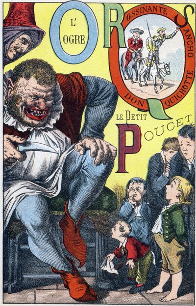 Kirjeet: O P Q R S - Ogre ja Peucet, Don Quijote, Rossinante ja Sancho - Kaiverrus "ABC Les Images en Alphabet" -kuvaukseen - Imaging d