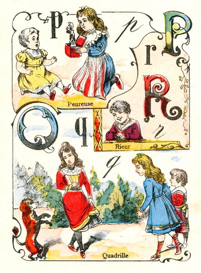 P-kirjaimet Q ja R pelottavana, nauruna ja kadrillina. Kaiverrus "Hauskat aakkoset". Kuvaus Pont-a-Moussonista. Painatus ja kustantaminen Louis Vagne, 1800-luvun loppu tekijältä Unbekannt
