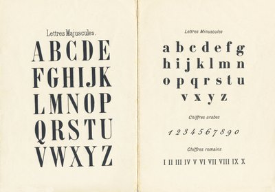 Isot ja pienet kirjaimet, arabialaiset ja roomalaiset numerot - Kaiverrus otettu pienten tyttöjen ABCD:stä. Pellerin & Cie, kirjapaino-kustantaja, Epinal, noin 1890. Serie A. Mitat: 19 x 13,5 cm. tekijältä Unbekannt