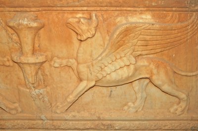 Libya, myyttinen pedon kaiverrusyksityiskohta Attic Sarcophagusissa (2. vuosisadalla jKr.) tekijältä Unbekannt