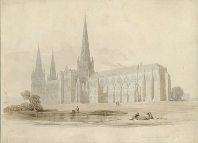 Lichfieldin katedraali - Kaakkoisnäkymä: piirustus ja pesu, nd [?19th century] tekijältä Unbekannt