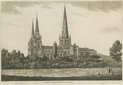 Lichfieldin katedraali - Etelänäkymä: akvatintakaiverrus, nd [c 1820-1830] tekijältä Unbekannt