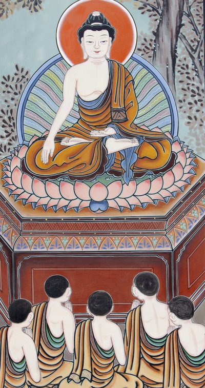 Buddhan elämä Buddhana, heränneenä, hän palasi opettamaan viidelle harjoittajatoverilleen epätyydyttömyyden jaloa totuutta, syyn jaloa totuutta (himoa), lopettamisen jaloa totuutta ja jaloa 8-kertaista polkua, joka johtaa lopettaminen tekijältä Unbekannt
