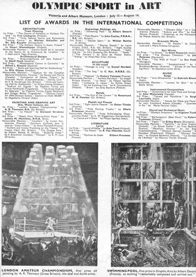 Luettelo Lontoon vuoden 1948 olympialaisten arkkitehtuurin, taiteen, kuvanveiston, kirjallisuuden, draaman ja musiikin palkintojen voittajista (litho) tekijältä Unbekannt