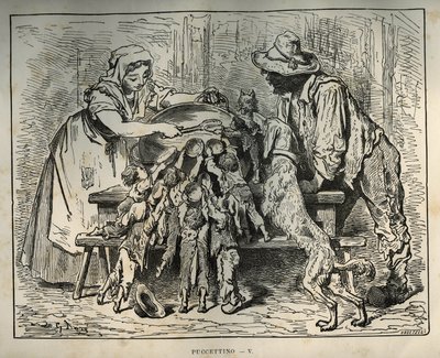 Pikku Poulet ja hänen nälkäiset veljensä. Gustave Doren (1832-1883) kaiverrus Charles Perraultin (1628-1703) teoksesta "Les contes" tekijältä Unbekannt