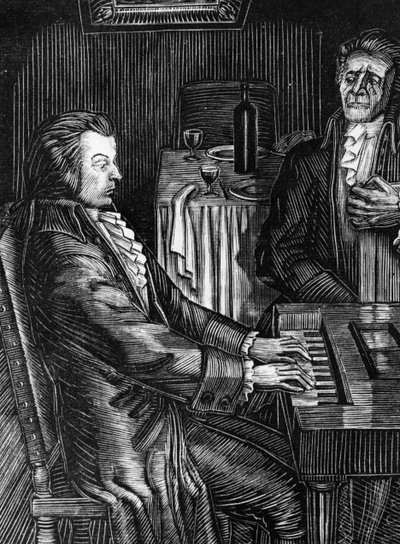 Pienet tragediat Aleksandr Pushkin, Mozart ja Salieri Kuvitus V, Favorsky, puupiirros. tekijältä Unbekannt