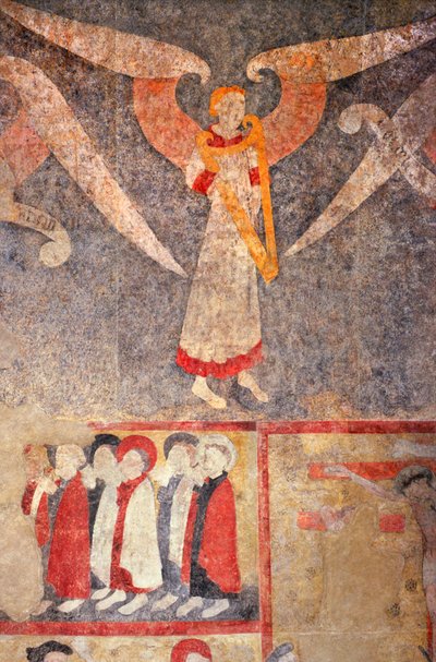 Loire Atlantique N* 080 - St-Sulpice des Landes - Eglise dit du "old bourg" - seinämaalaukset 1400-luvulta - Holvin enkeli soittamassa "rebecia" (viole) tekijältä Unbekannt